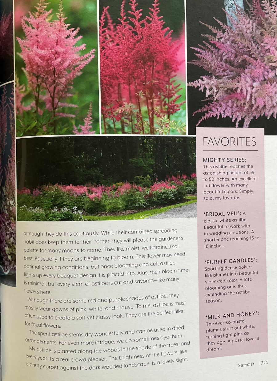 Garden book page with pink astilbe flowers and text about the plant.