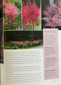 Garden book page with pink astilbe flowers and text about the plant.
