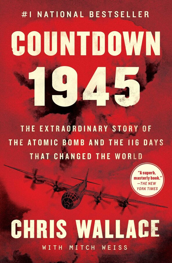 Book cover of 'Countdown 1945' with a red background and airplane illustration.