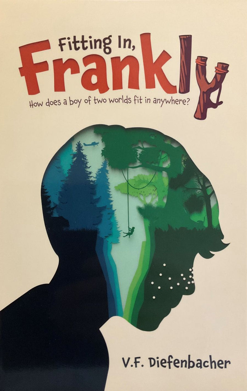 Book cover of 'Fitting In, Frankly' with a silhouette of a person and nature elements.