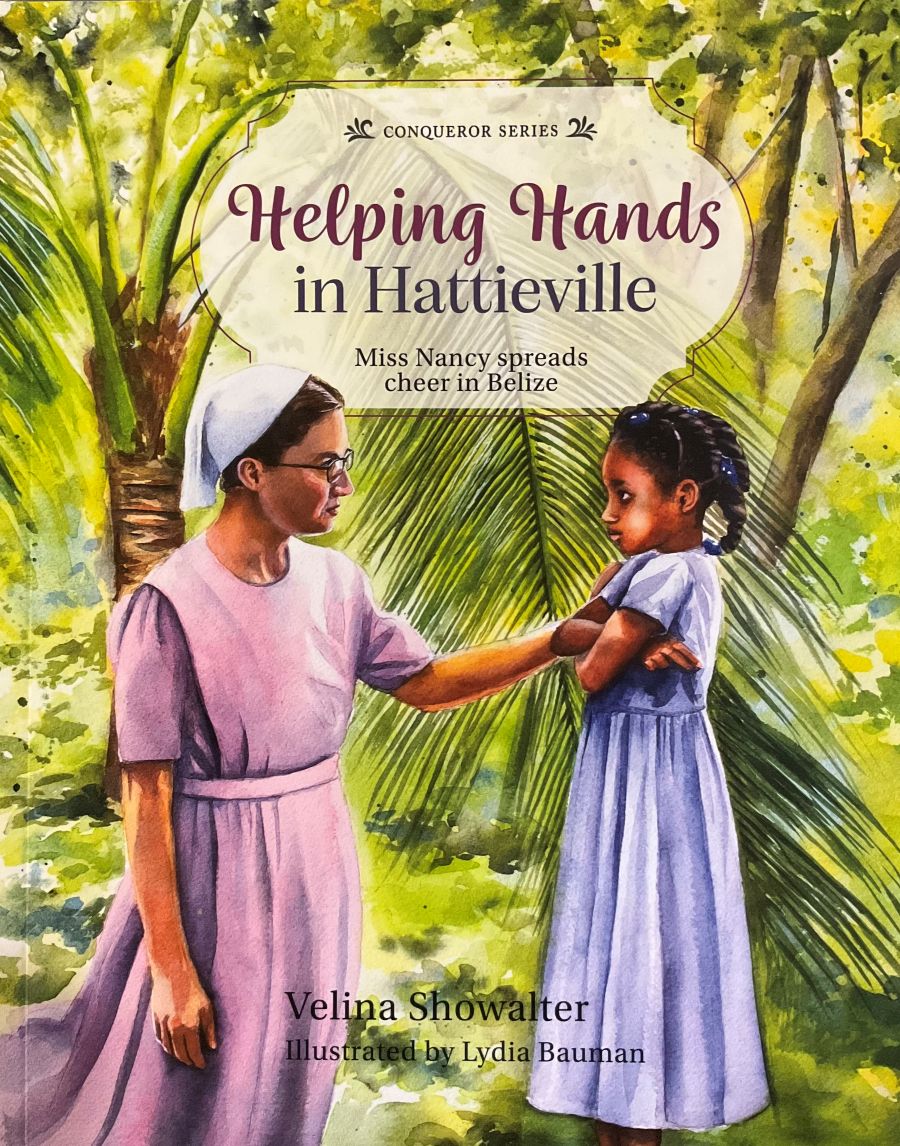Book cover of 'Helping Hands in Hattieville' with a woman and child in a tropical setting.