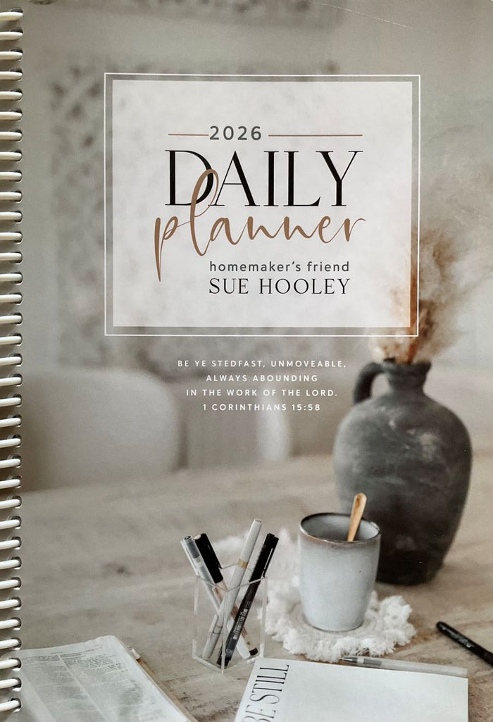 Front cover of the Homemaker's Friend 2026 Daily Planner by Sue Hooley.