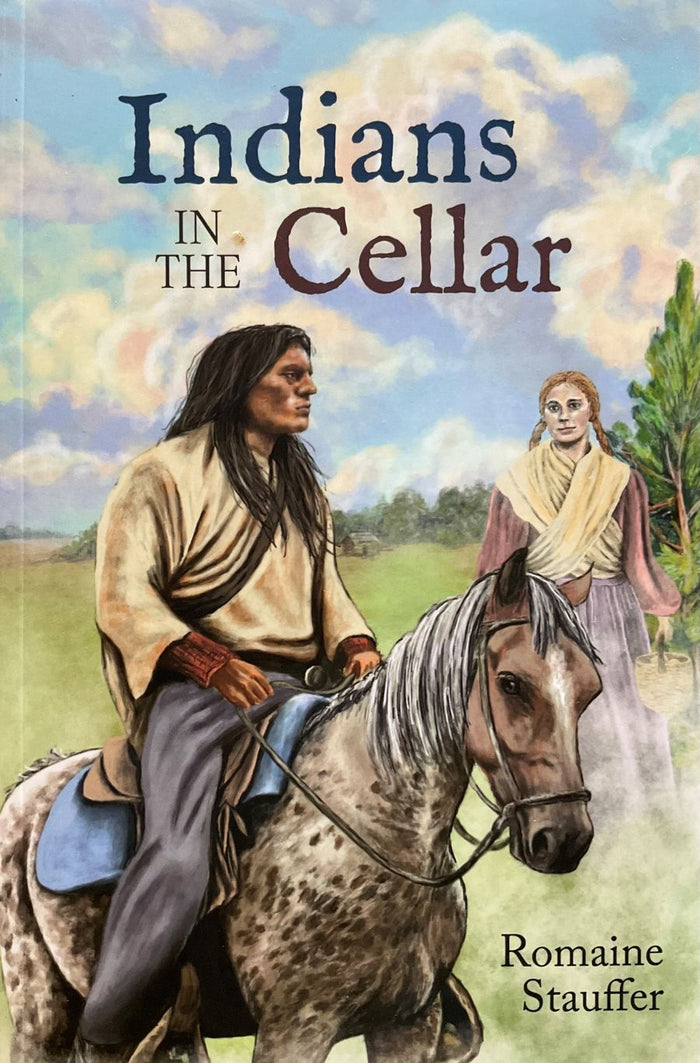 Book cover of 'Indians in the Cellar' featuring two people with a horse in a field.