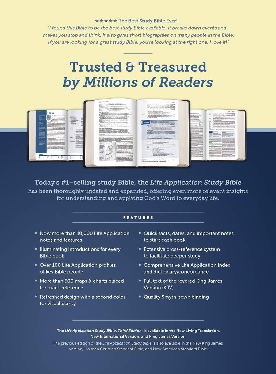 Back of the box for the KJV Life Application Study Bible, Genuine Leather, Indexed.