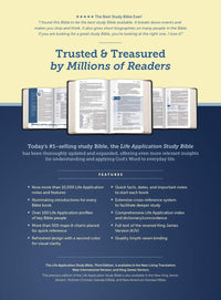 Back of the box for the KJV Life Application Study Bible, Genuine Leather, Indexed.