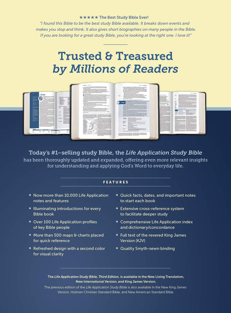 Back of the box for the KJV Life Application Study Bible, Genuine Leather, Indexed.