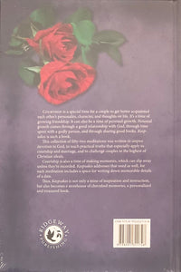 Back cover of a book with red roses and text on a purple background