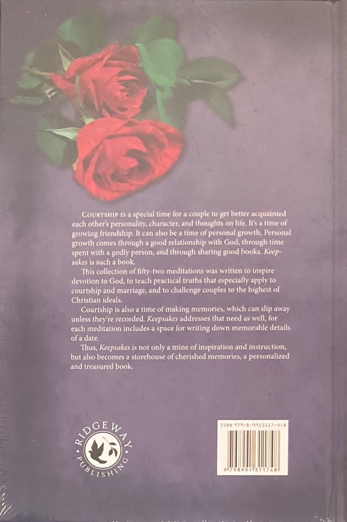 Back cover of a book with red roses and text on a purple background