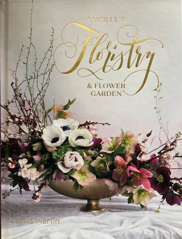 Book cover of 'Lucille's Floristry & Flower Garden' with floral arrangement and gold text.