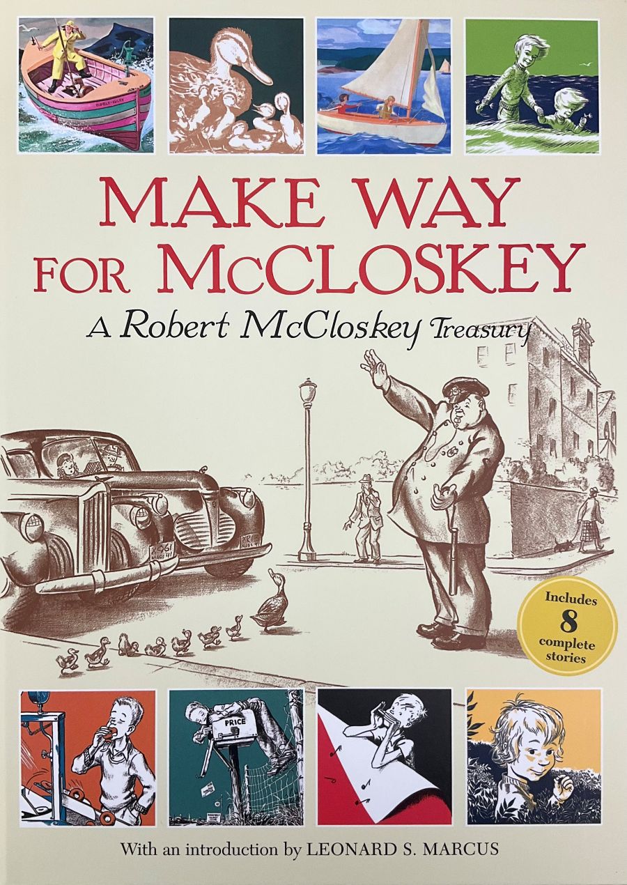 Book cover for 'Make Way for McCloskey: A Robert McCloskey Treasury' featuring a cream background, large red title text, black subtitle text, a central vintage-style illustration of a man waving beside a car, and smaller illustrated panels around the border.