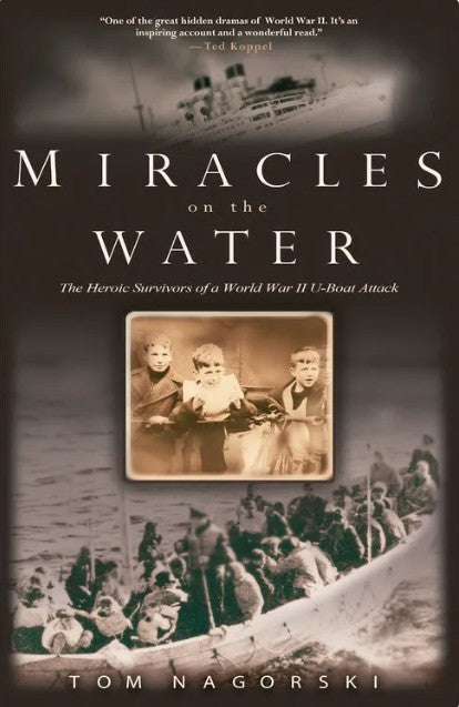 Book cover of 'Miracles on the Water' with vintage images and text.