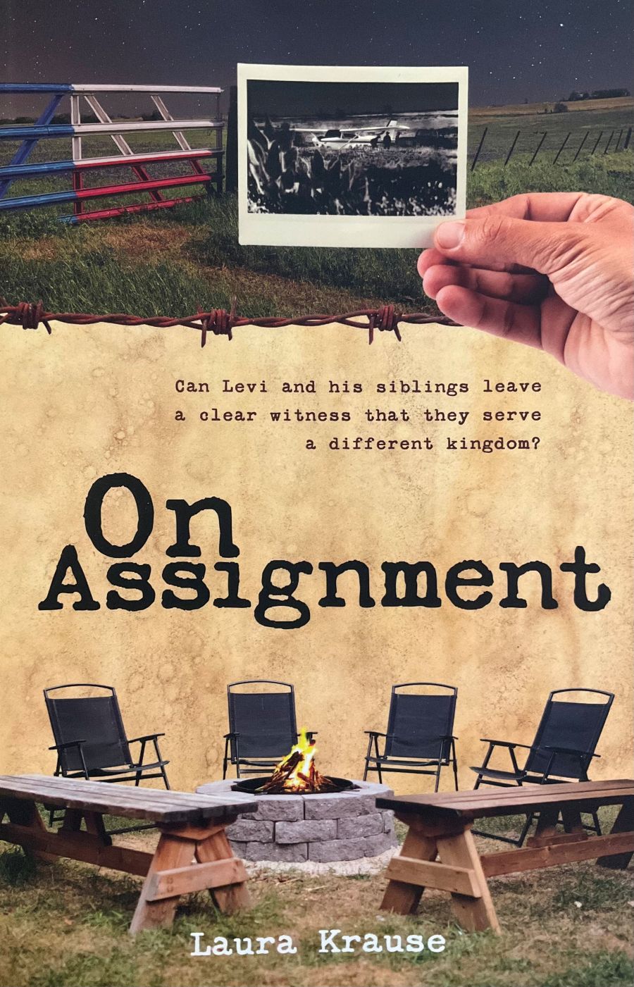 Book cover of 'On Assignment' by Laura Krause with a hand holding a photo and outdoor scene.