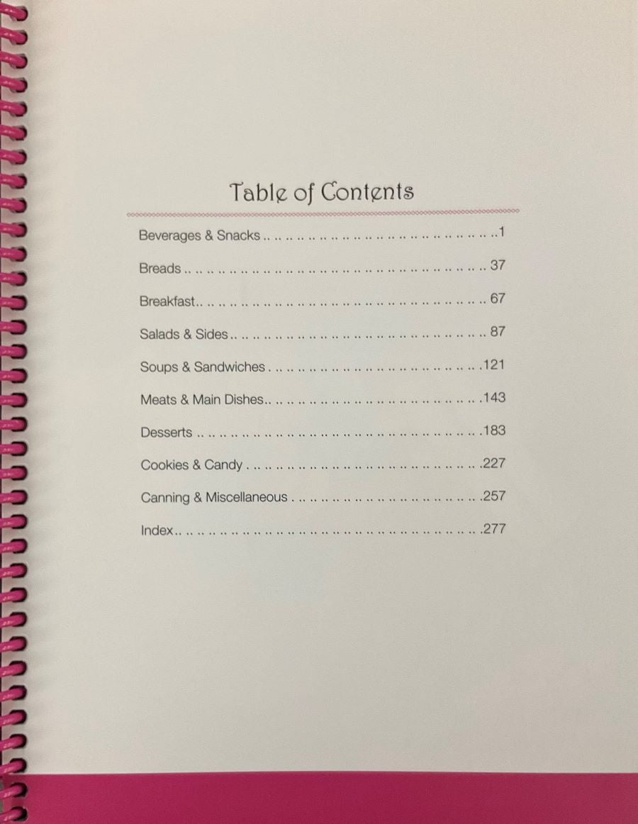 Table of contents page of Seven Sisters in the Kitchen cookbook.