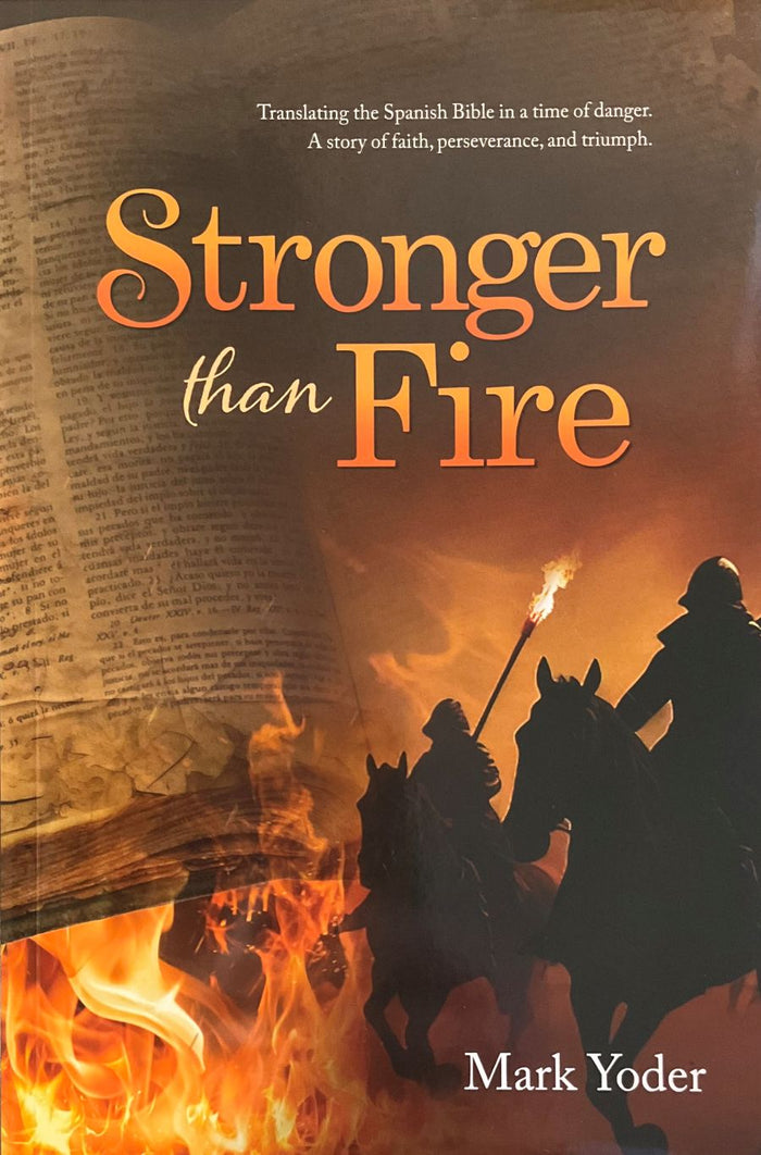 Book cover of 'Stronger than Fire' with a silhouette of a person on horseback and flames.