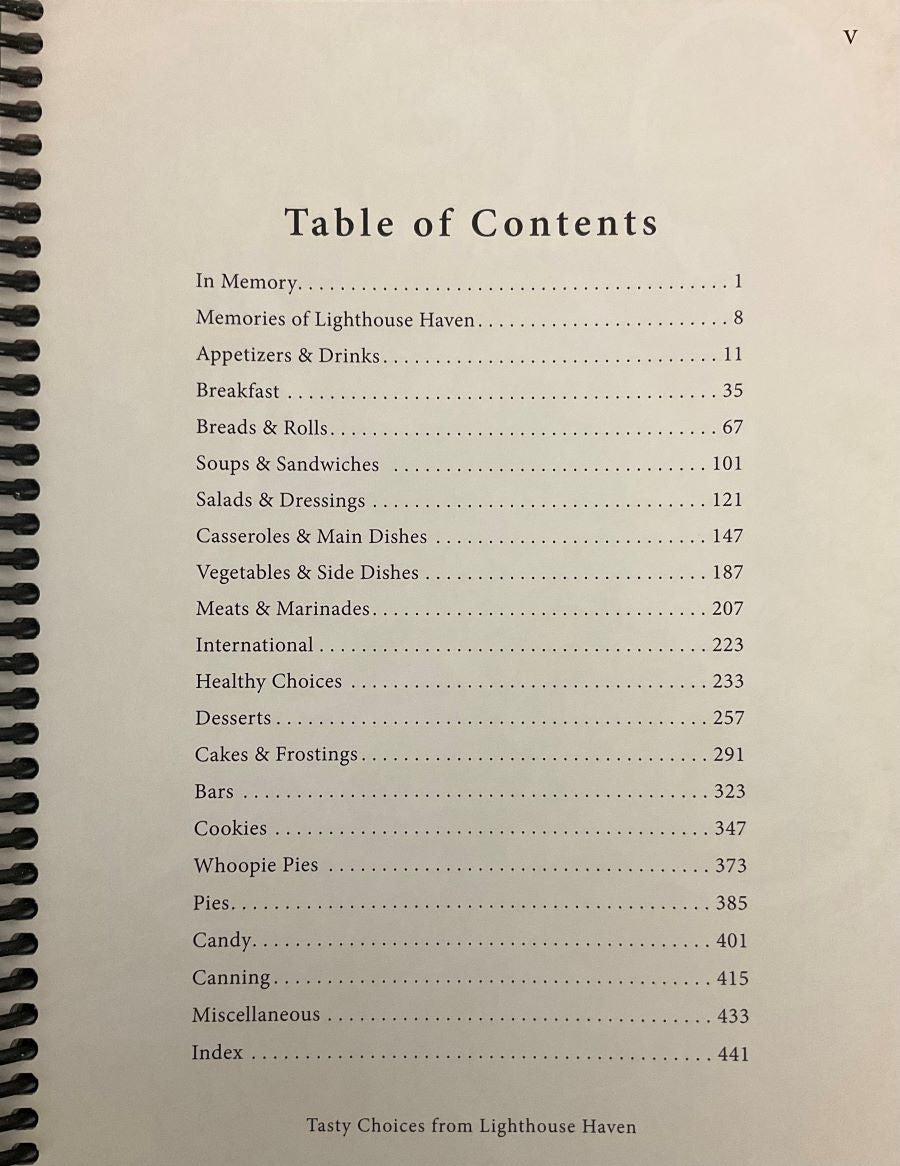 Table of Contents page of Tasty Choices From Lighthouse Haven cookbook.