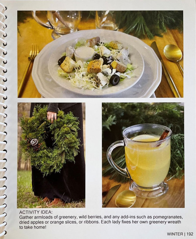 Three images: a salad on a plate, a person holding a greenery wreath, and a mug of hot beverage with a Christmas tree in the background.