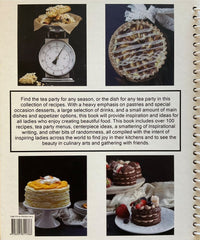 Back cover of a cookbook with images of pastries and text about tea parties and recipes.