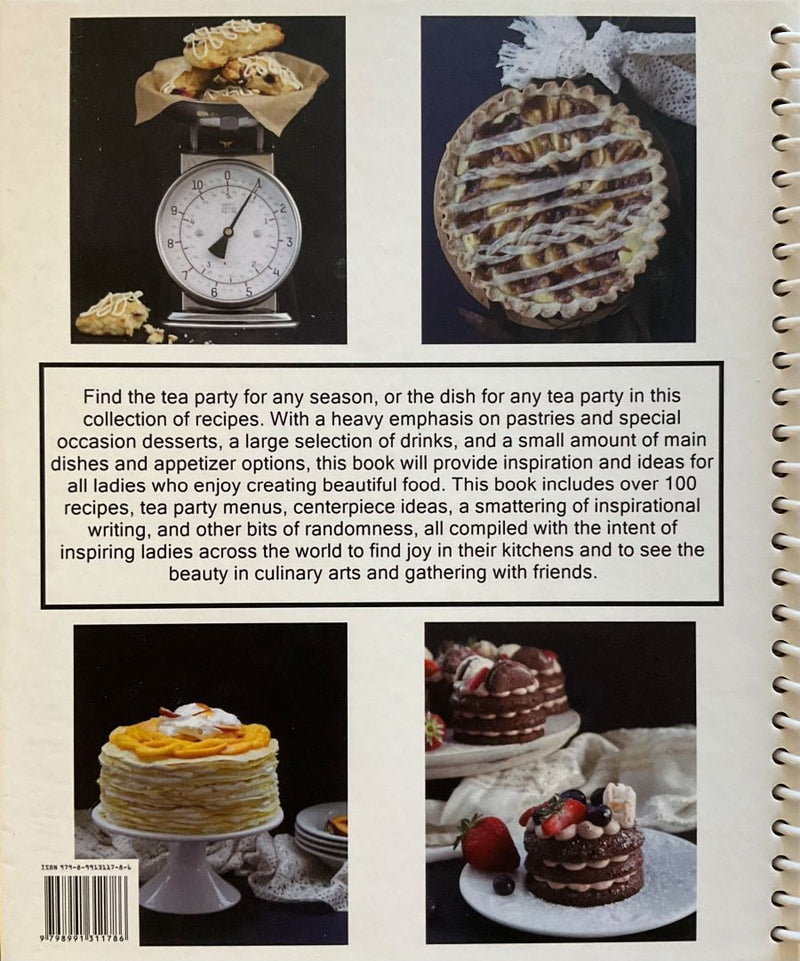 Back cover of a cookbook with images of pastries and text about tea parties and recipes.