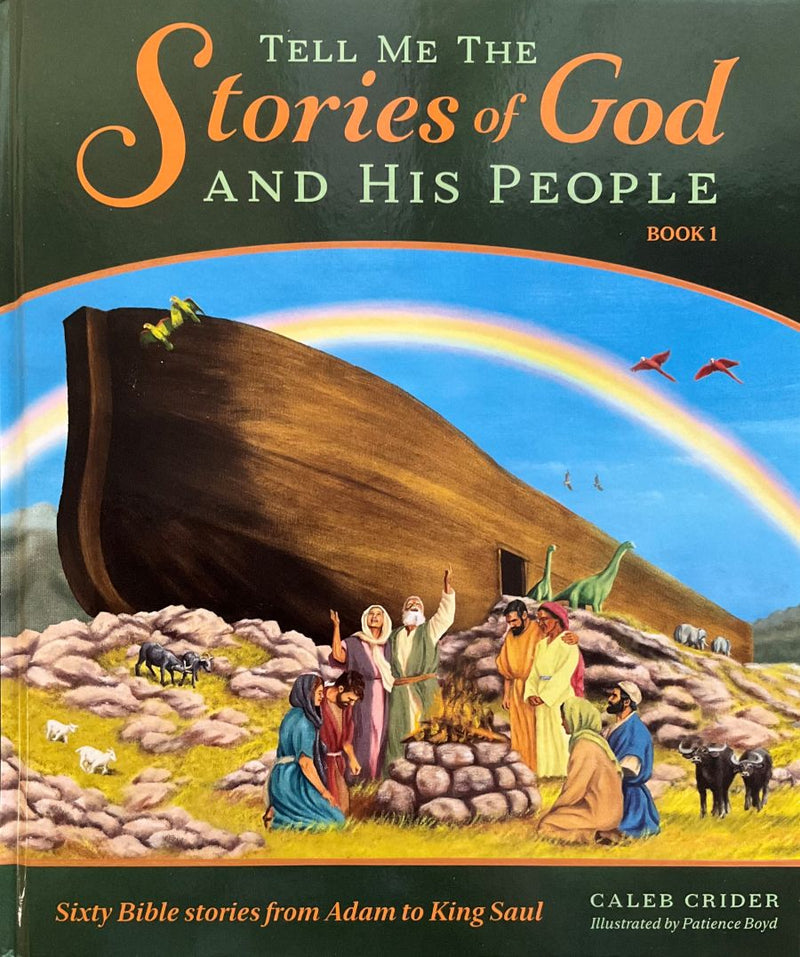 Book cover of 'Tell Me The Stories of God and His People' with illustration of Noah's Ark and characters around it.