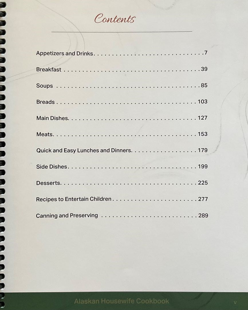 Table of Contents page of The Alaskan Housewife Cookbook.