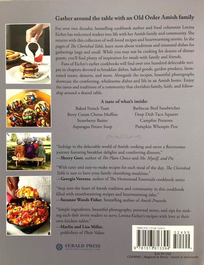 Back cover of The Cherished Table by Lovina Eicher's Amish Kitchen.