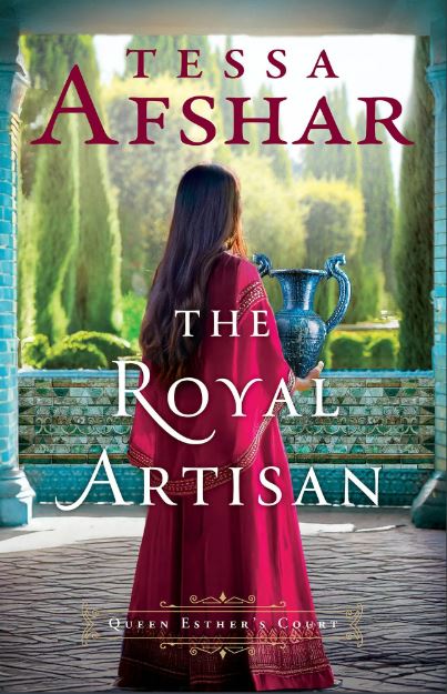Book cover of 'The Royal Artisan' by Tessa Afshar featuring a woman in a red dress holding a blue vase.