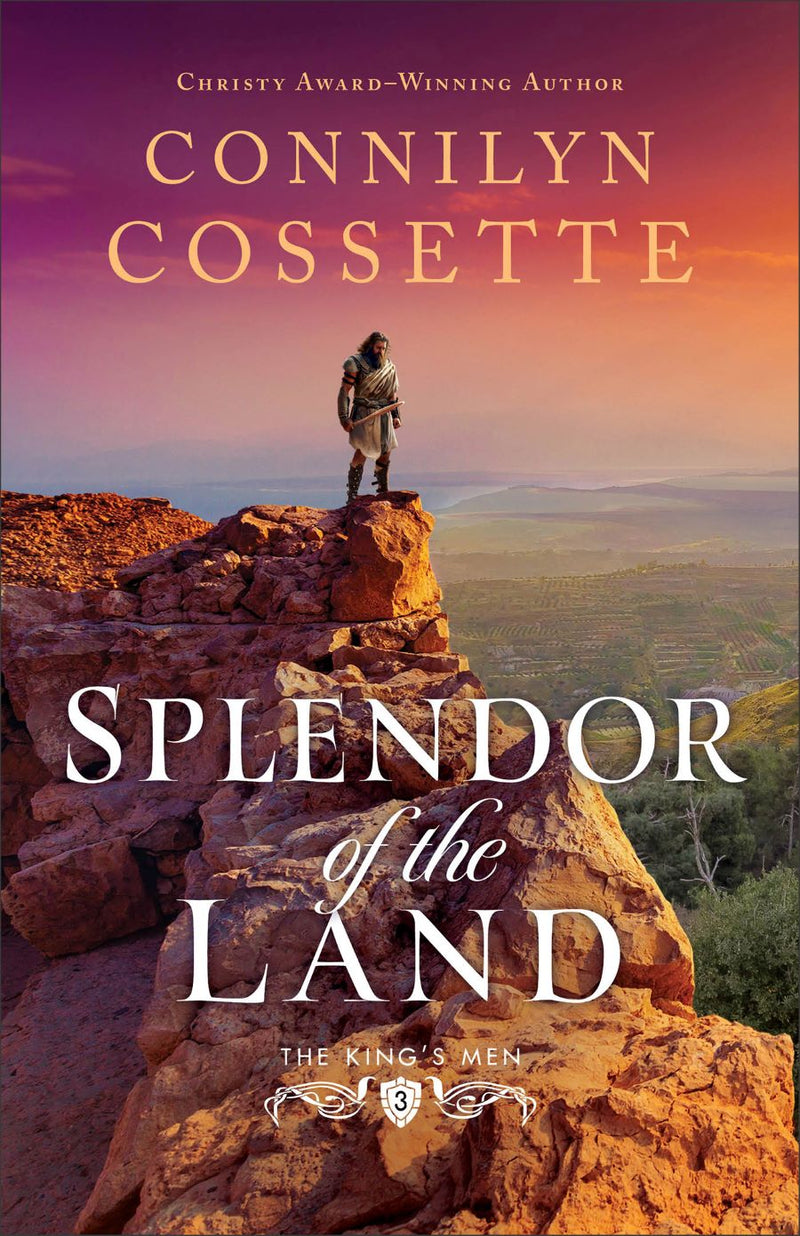 Book cover of 'Splendor of the Land' by Connilyn Cossette with a person standing on a rocky outcrop.