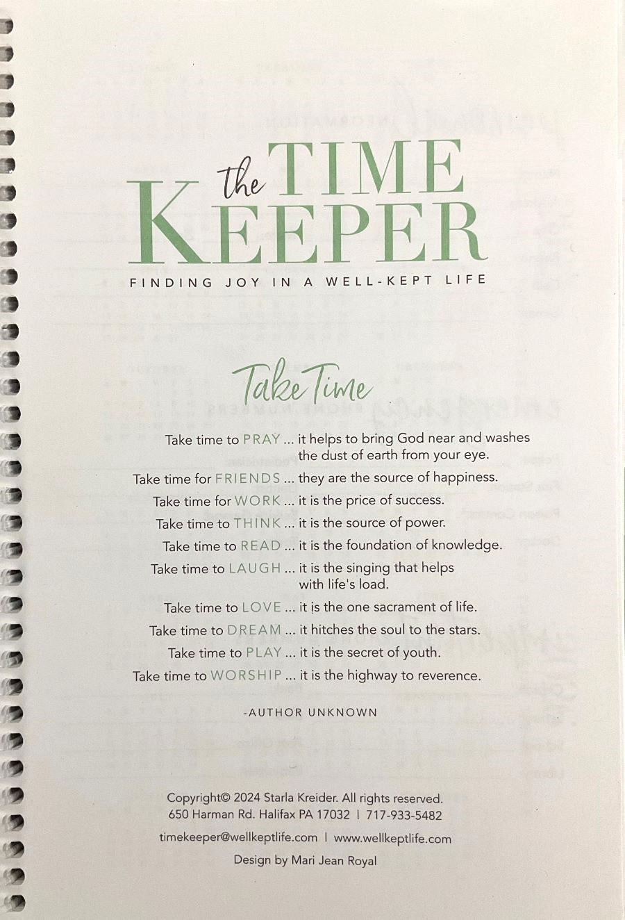 Inside page of The Time Keeper by Starla Kreider of Well Kept Life.