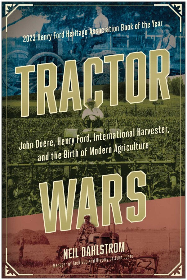 Book cover of 'Tractor Wars' with vintage images and text about John Deere, Henry Ford, and International Harvester.