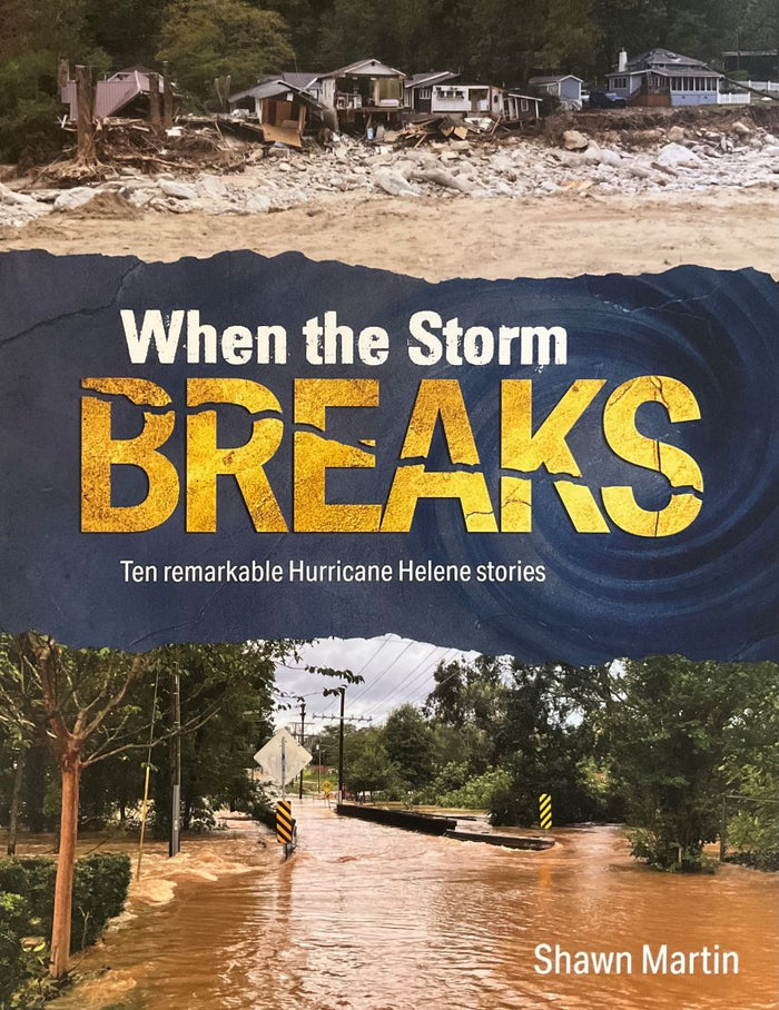Book cover of 'When the Storm Breaks' with images of a flooded area and damaged houses.